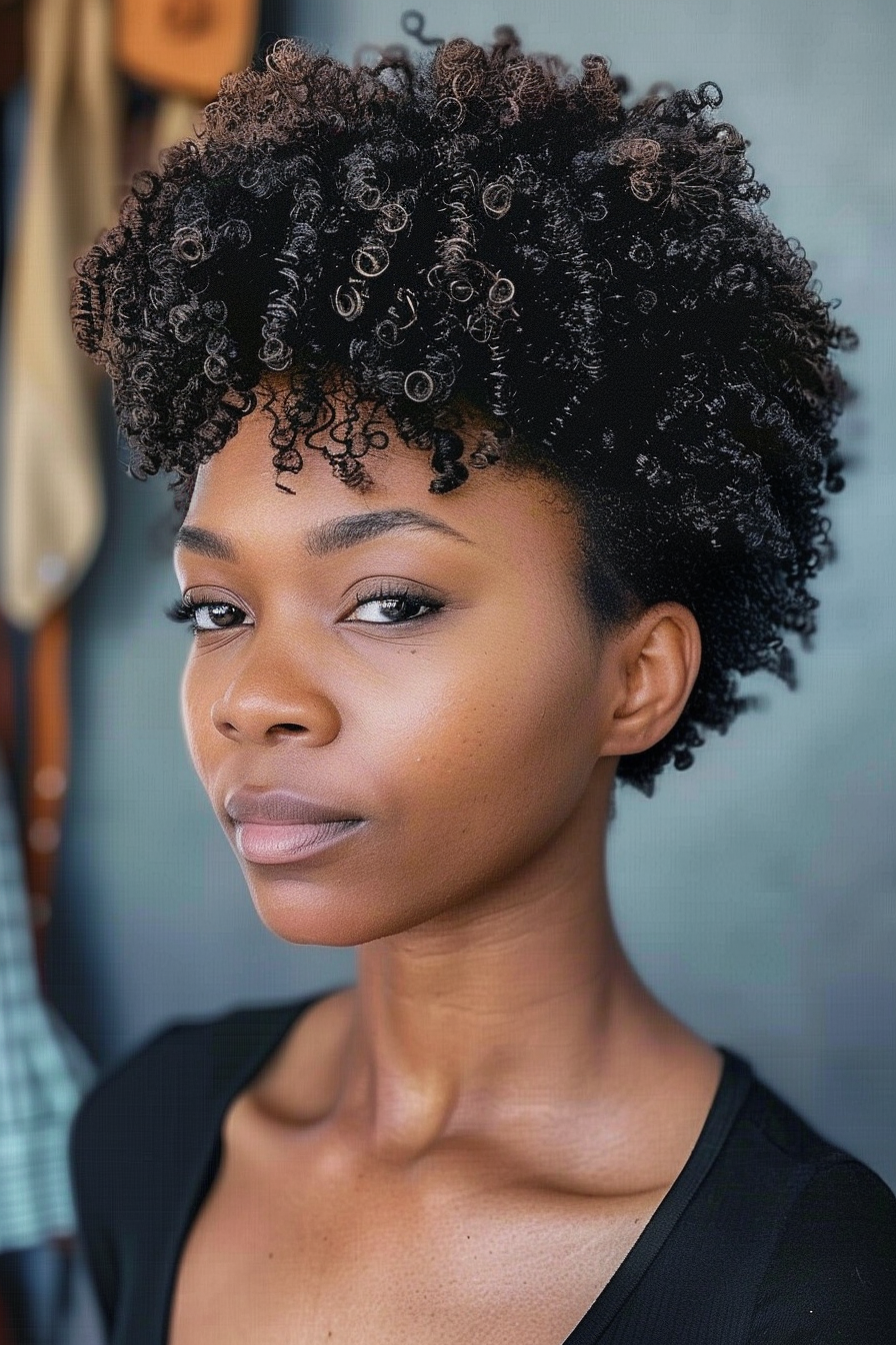 40 years old black woman, with Black Curly Natural Tapered Afro, make a photosession in a street.