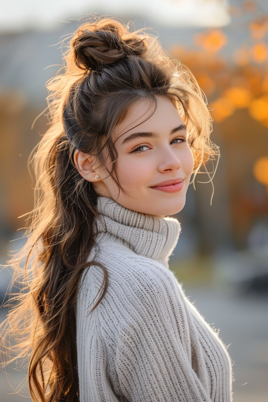  35years old woman with a High Ponytail With Waves, make a photosession in a park . 