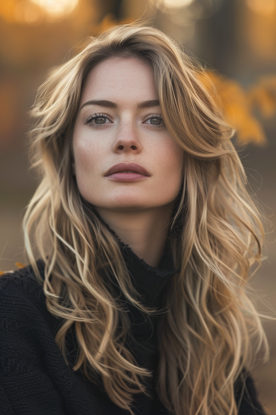 28 years old woman with a Bold and Beachy Dimensional Waves, make a photosession in a fall park.