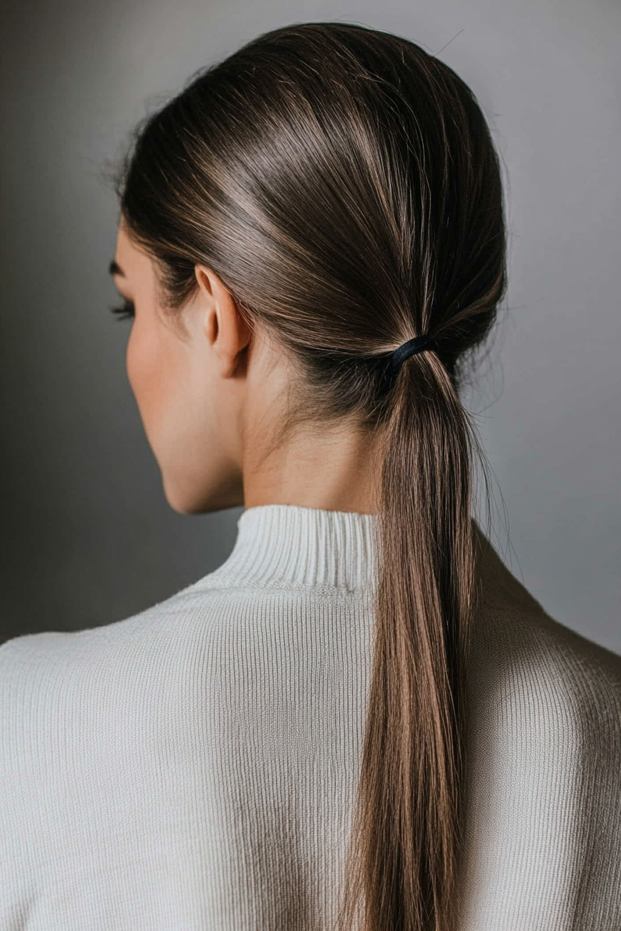 27 years old woman with a Low Ponytail, make a photosession in a studio.