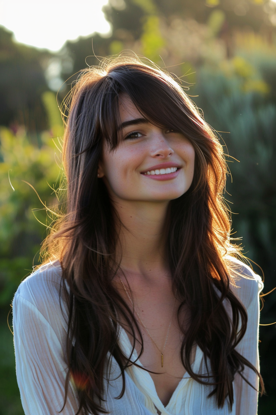 25 years old woman with a Long Brunette Layers, make a photosession in a park.