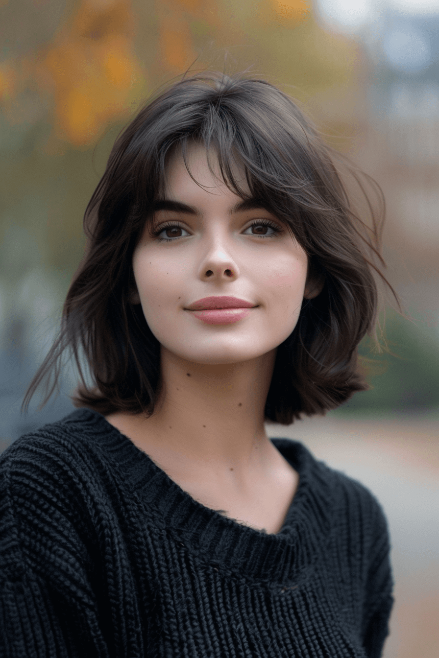 35years old woman with a Midi Shag, make a photosession in a park.