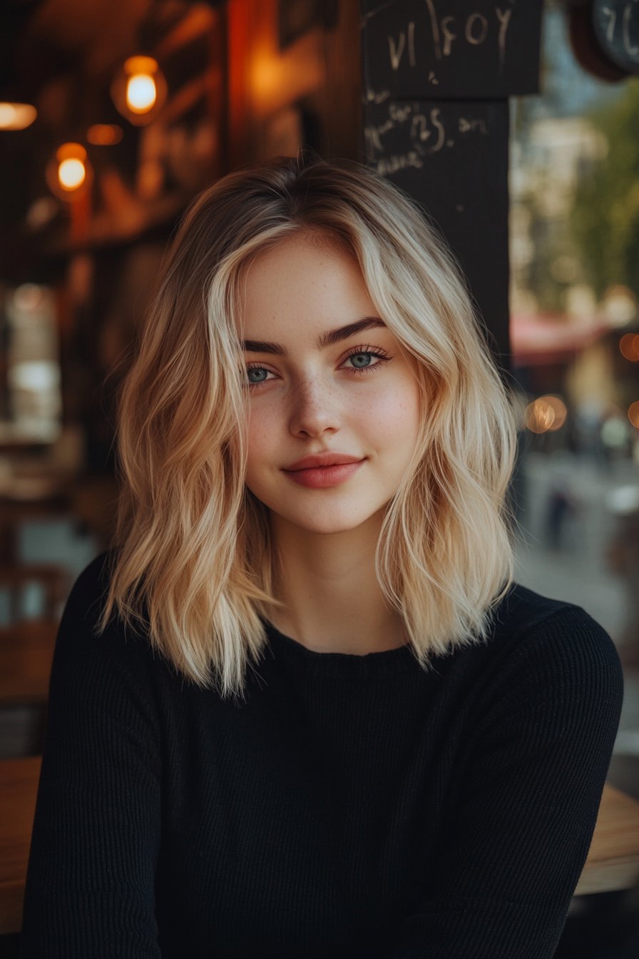 24 years old woman with a Wavy Shoulder-Length Cut, make a photosession in a cafe.