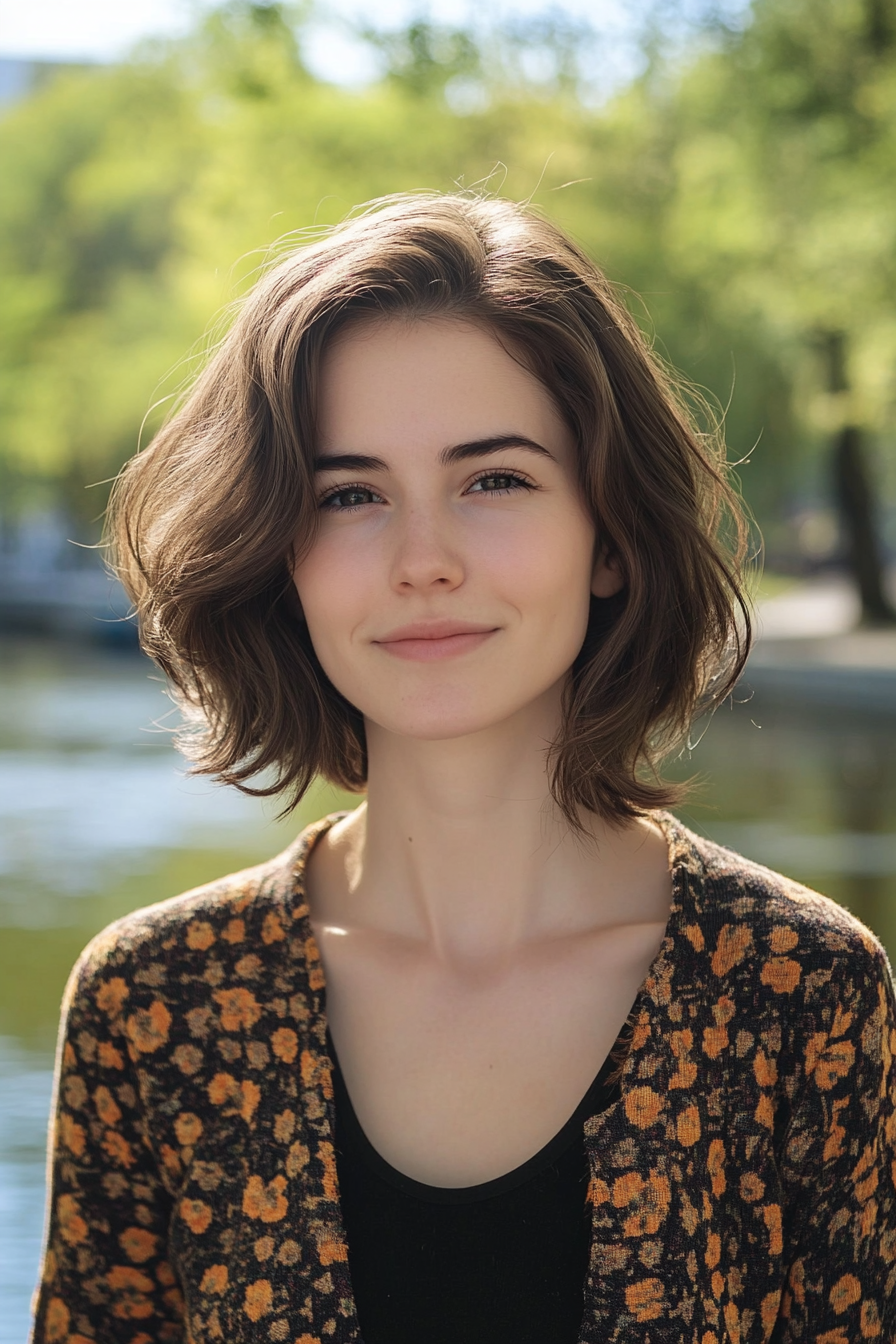 29 years old woman with an Asymmetrical Bob in Dark Chocolate, make a photosession on a quiet riverside walkway with tall trees lining the water.