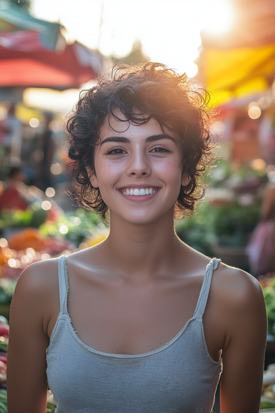 29 years old woman with a Curly Pixie, make a photosession at a vibrant outdoor market.