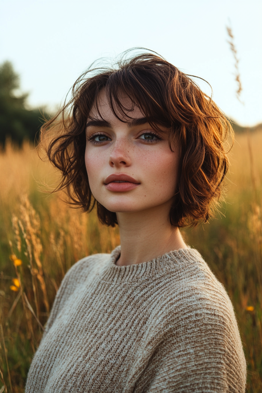 30 years old woman with a Bob and Feathered Layers, make a photosession in a serene meadow with wildflowers and a few scattered trees.