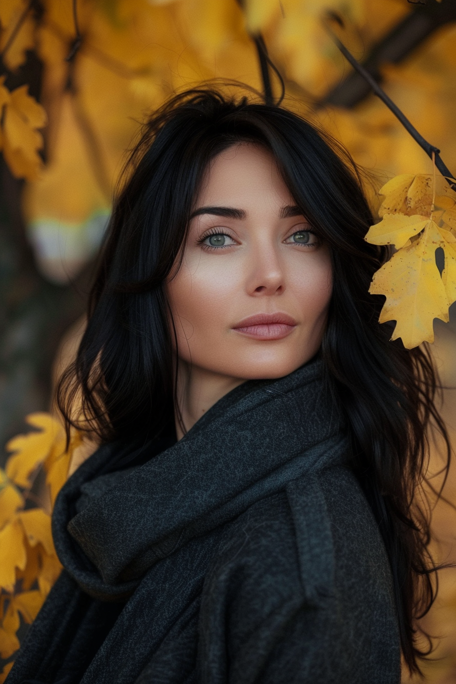 32 years old woman with a Long Layered Flow, make a photosession in a park