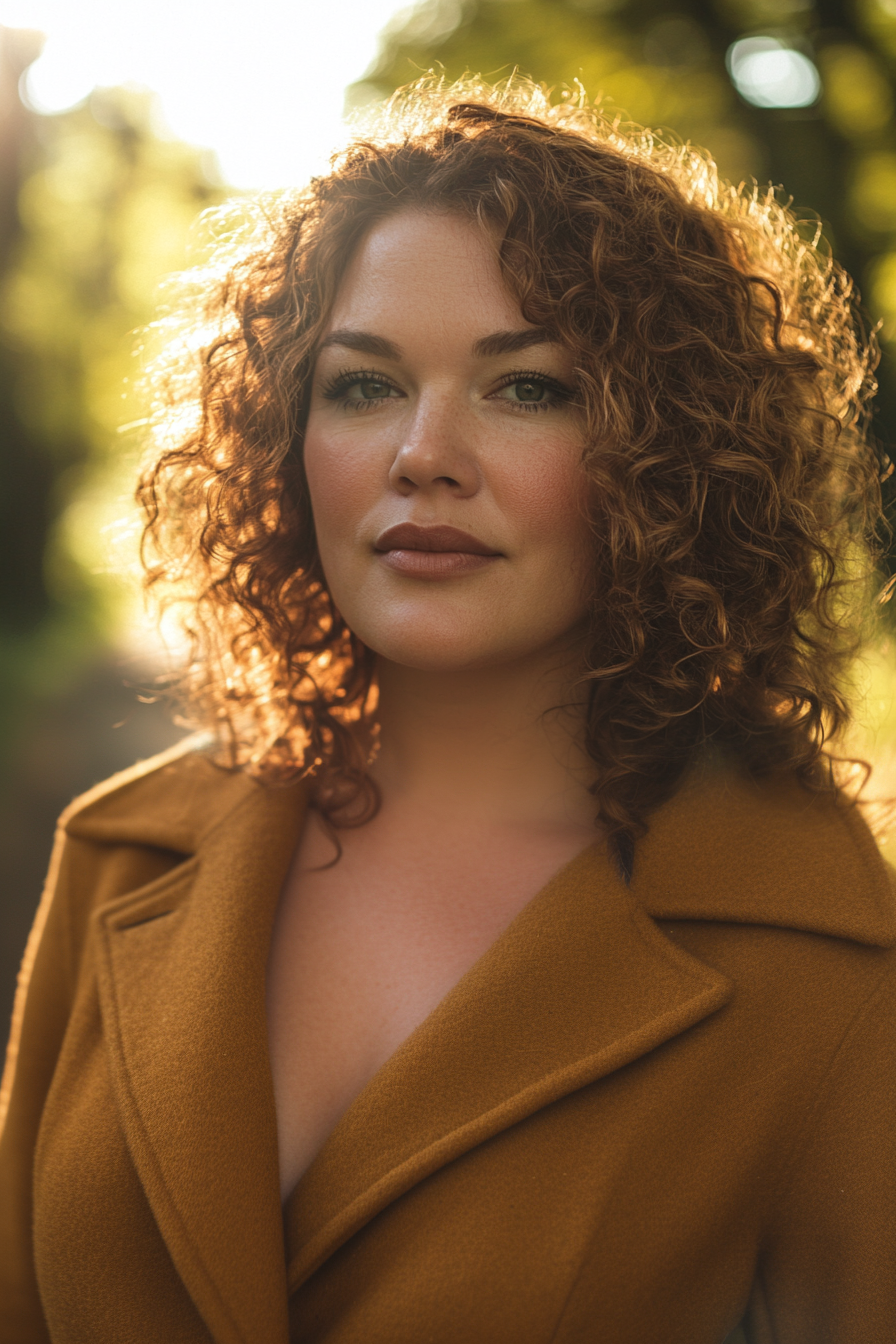 26 years old woman with a Curly Shag Haircut, make a photosession in a park.