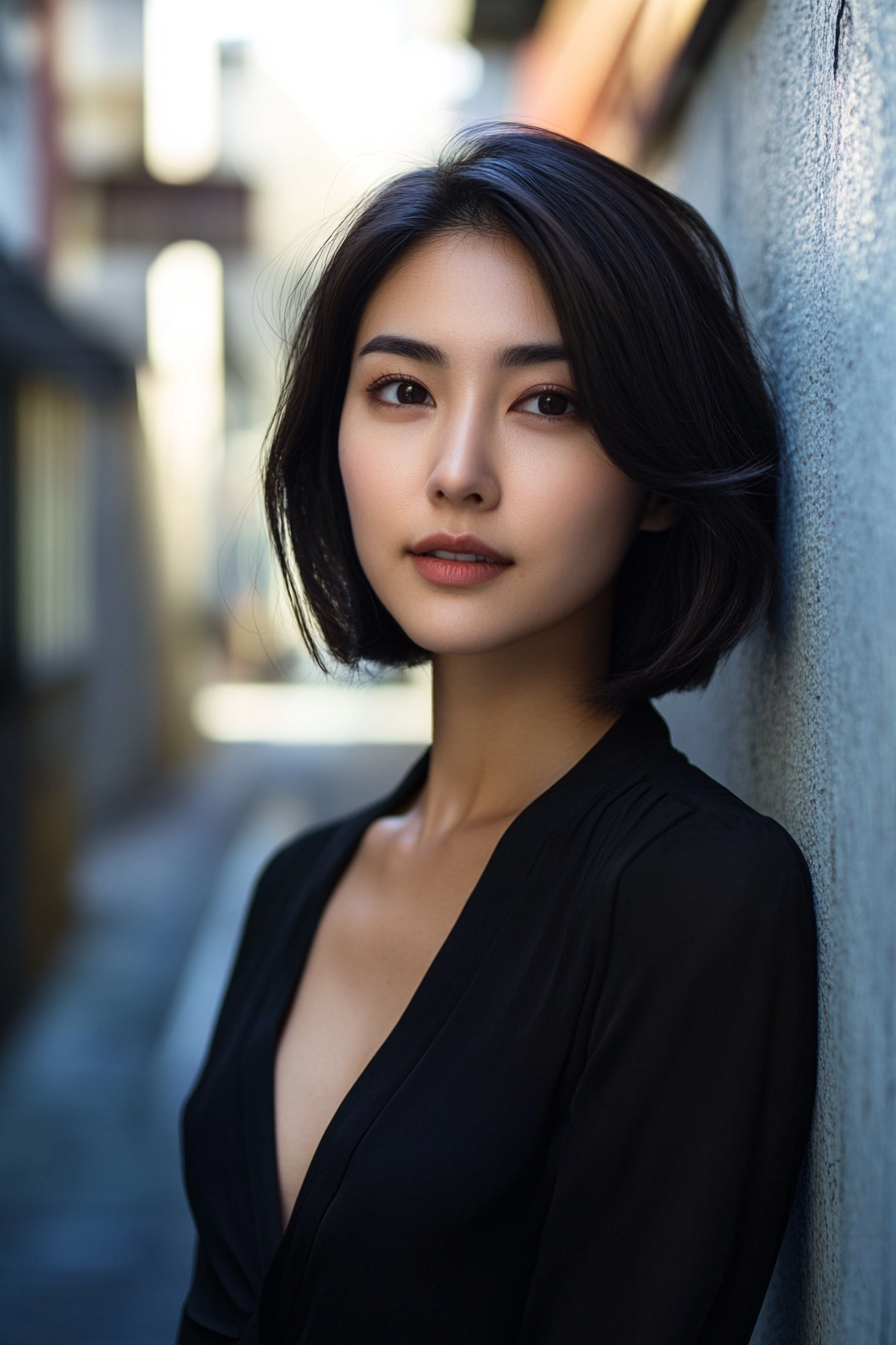 28 years old woman with a Bold Short Cut, make a photosession in a simple urban alleyway with clean lines and light spilling through buildings.