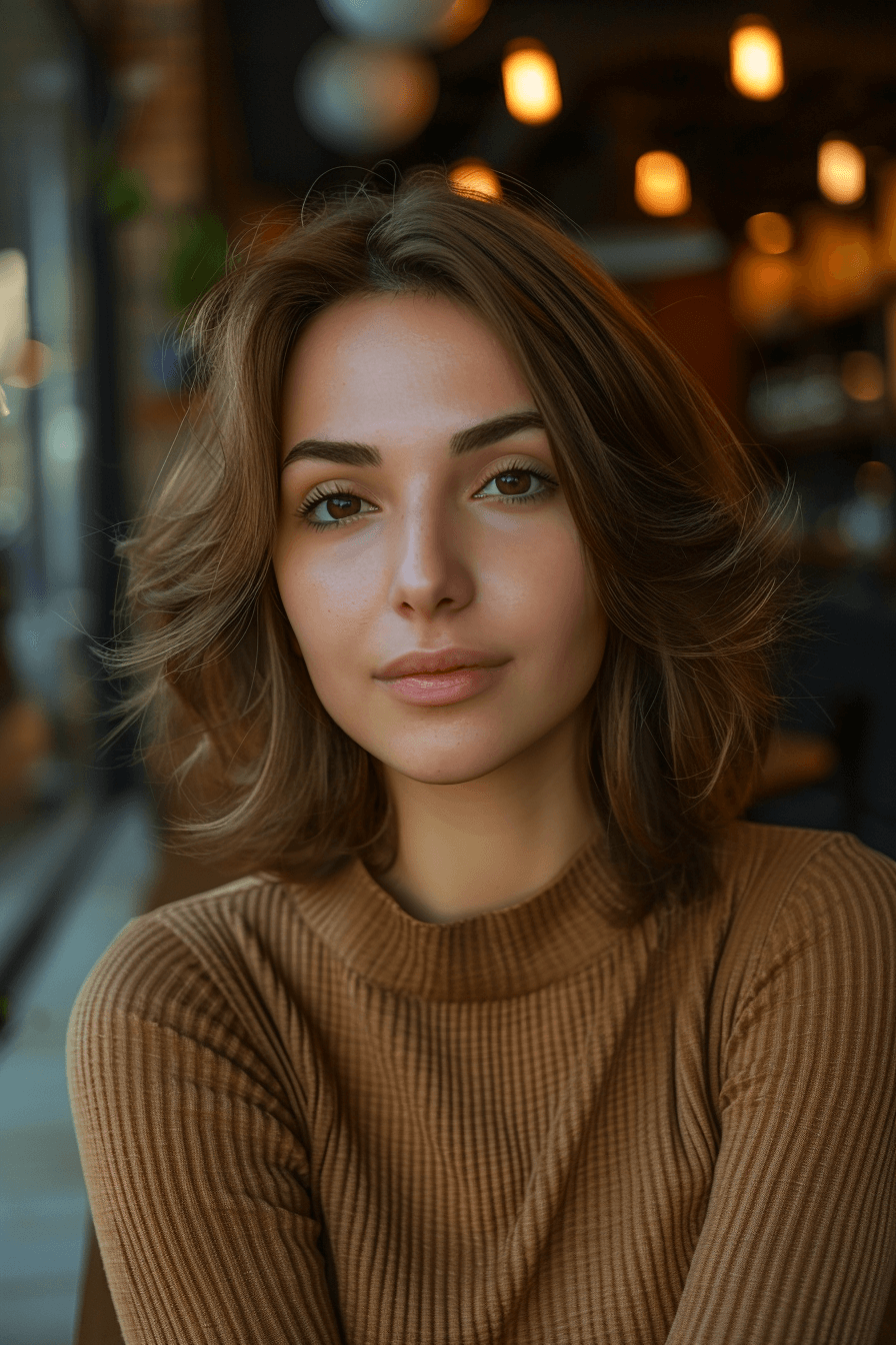 29 years old woman with a Wavy Lob, make a photosession in a cafe.