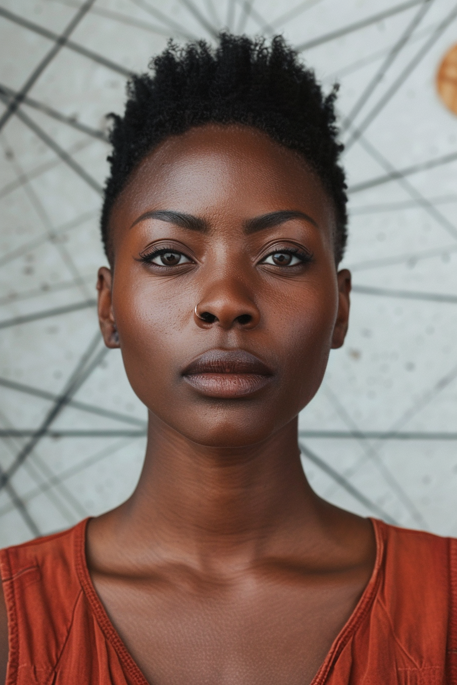 35 years old black woman, with Mohawk Tapered Haircut, make a photosession in a beautiful photo studio with props. 