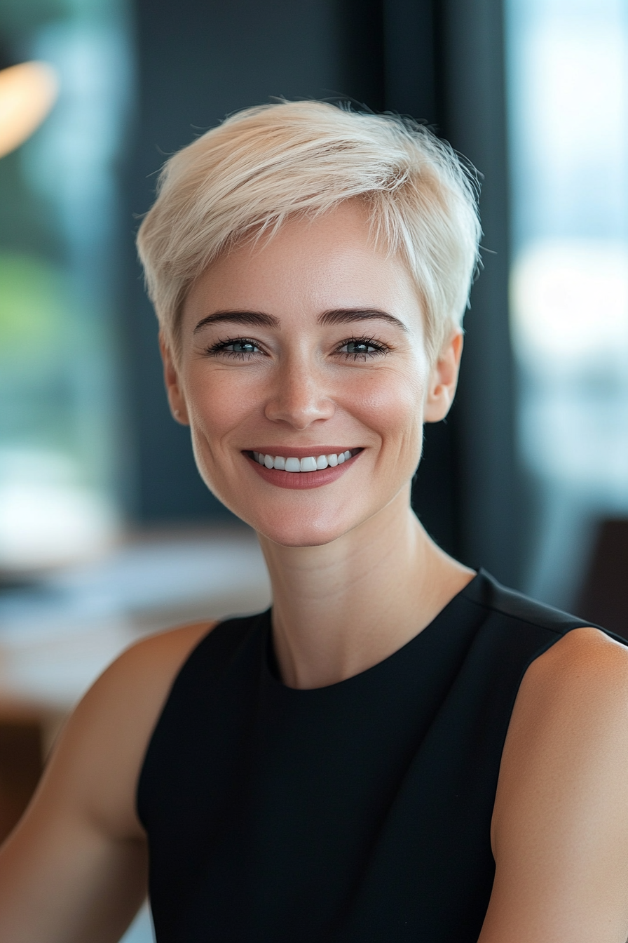 38 years old woman with a Tapered Pixie, make a photosession in a office.