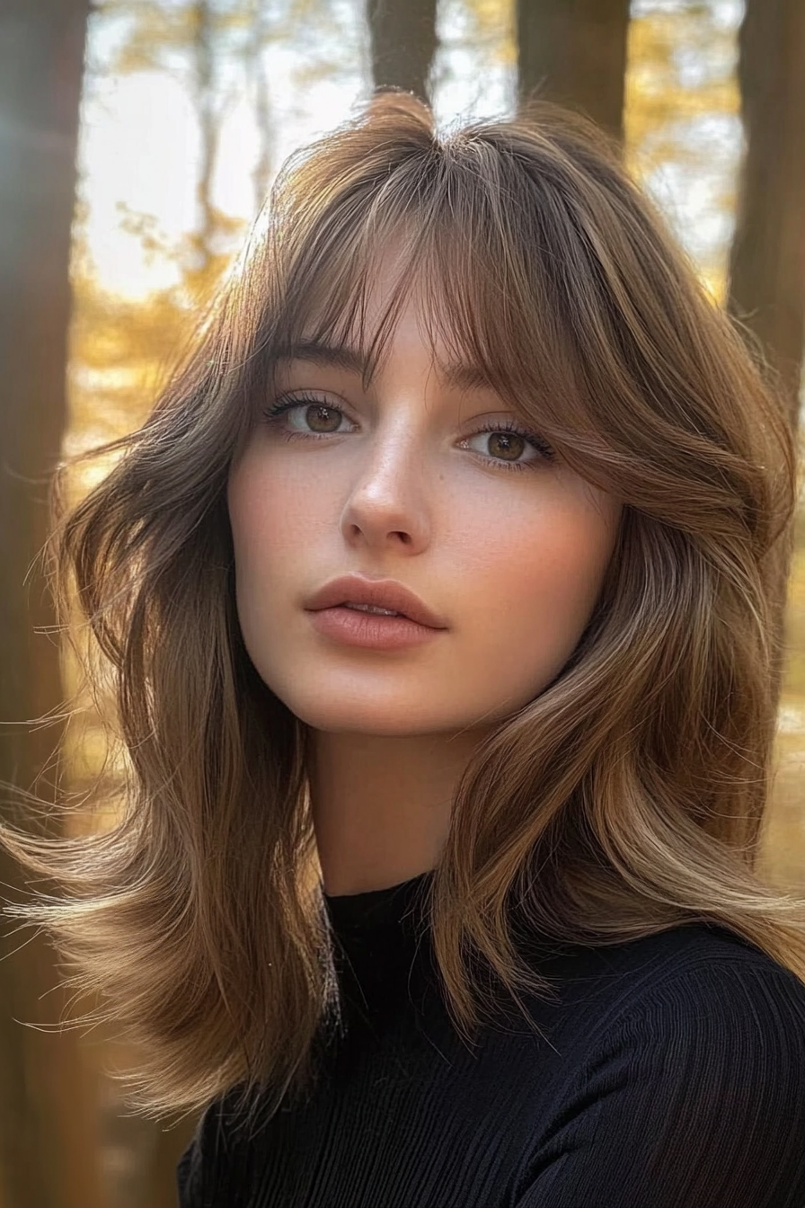 29 years old woman with Textured Tones with a Natural Glow, make a photosession in a park with tall trees and sunlight filtering through the leaves.