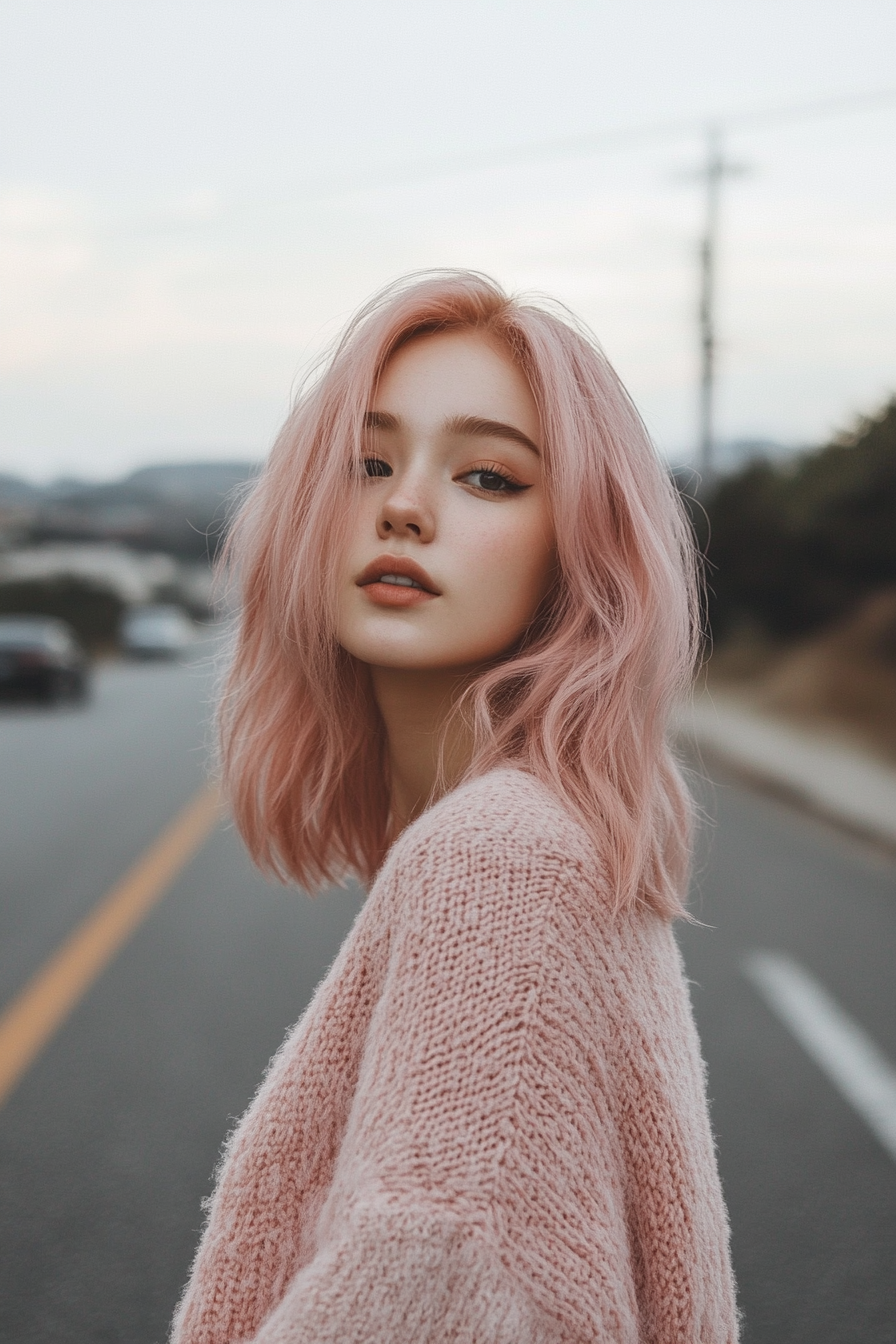 27 years old woman with a Pastel Pink Layers, make a photosession in a street.