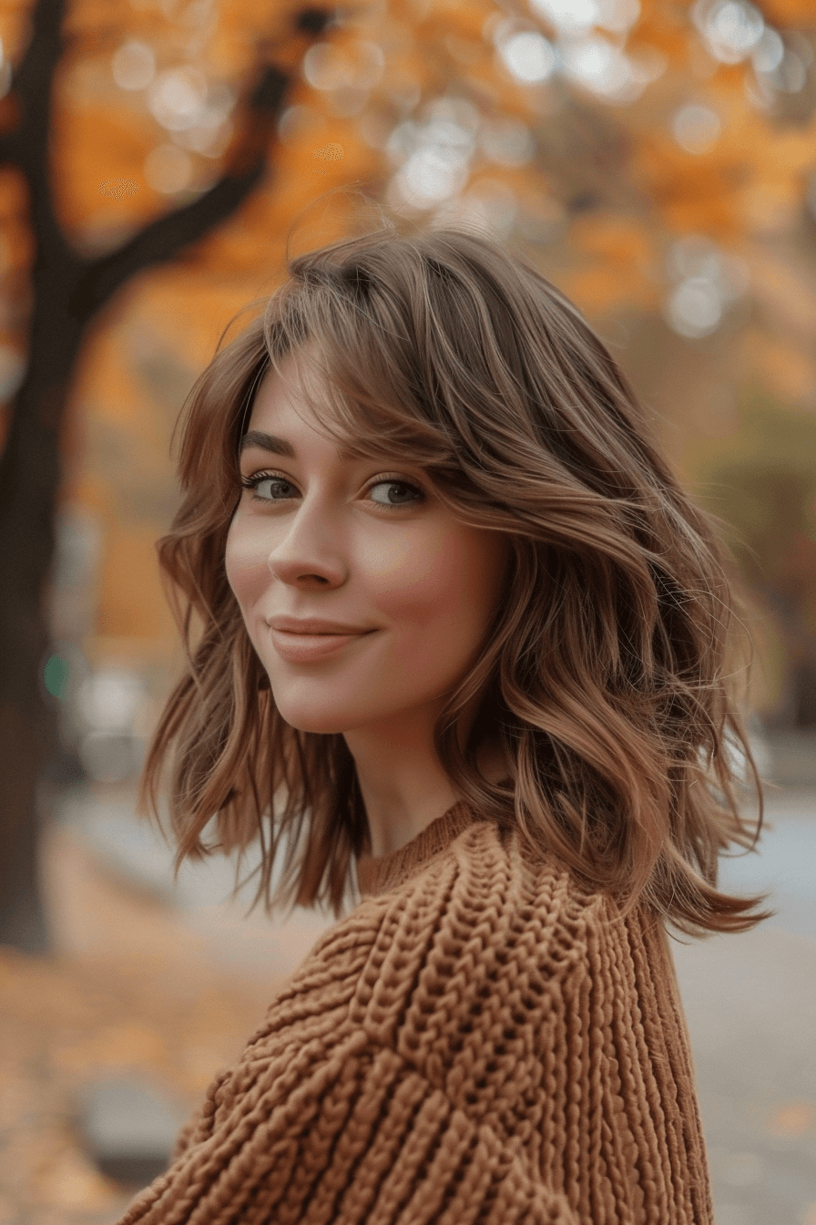 35years old woman with a Angled Midi Cut, make a photosession in a park.