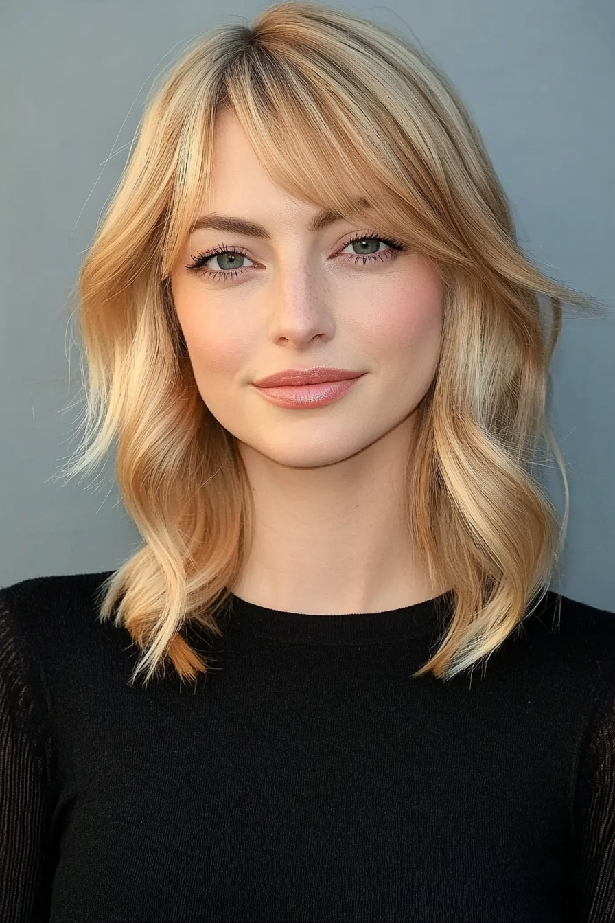 32 years old woman with Side-Swept Bangs, make a photosession in a studio.