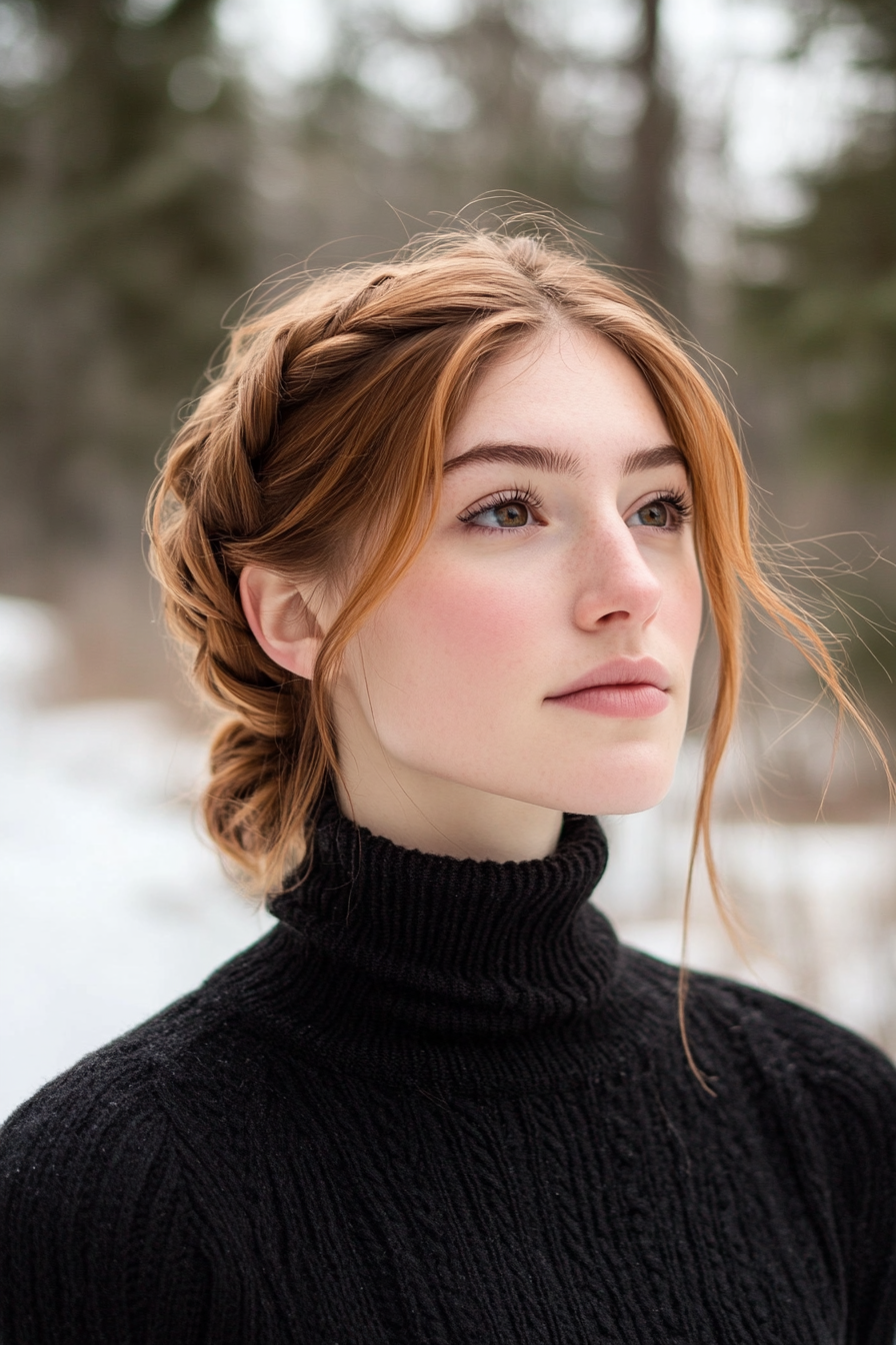 33 years old woman with a Dutch Braids into a Low Bun, make a photosession in the winter forest.