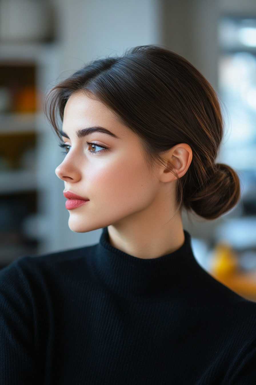 26 years old woman with a Low Chignon, make a photosession in a room.