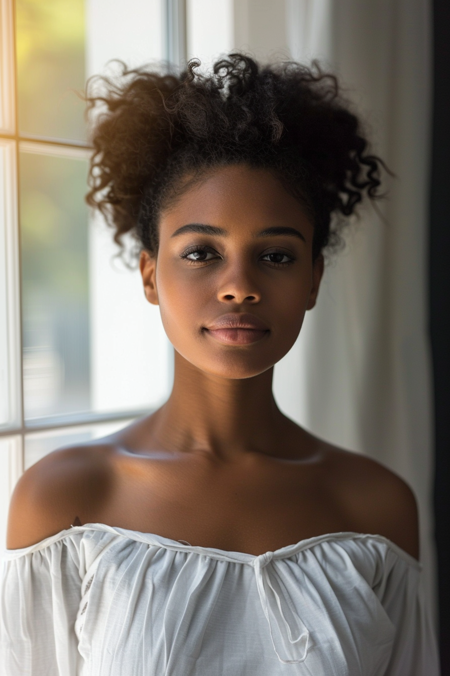 35years old black woman, with Updo, make a photosession in a basic room.