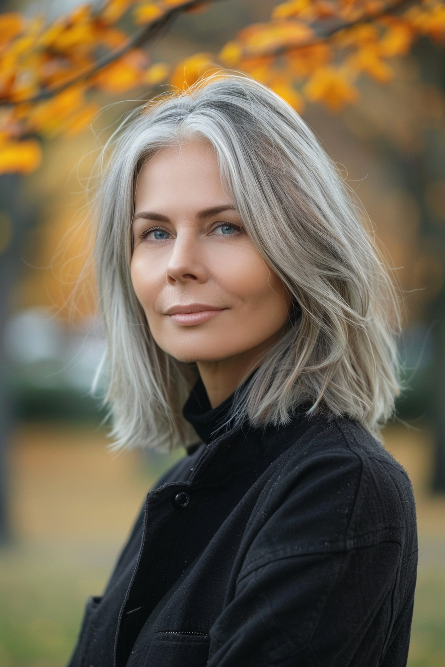 41 years old woman with a Silver Highlights and Lowlights, make a photosession in a fall park.