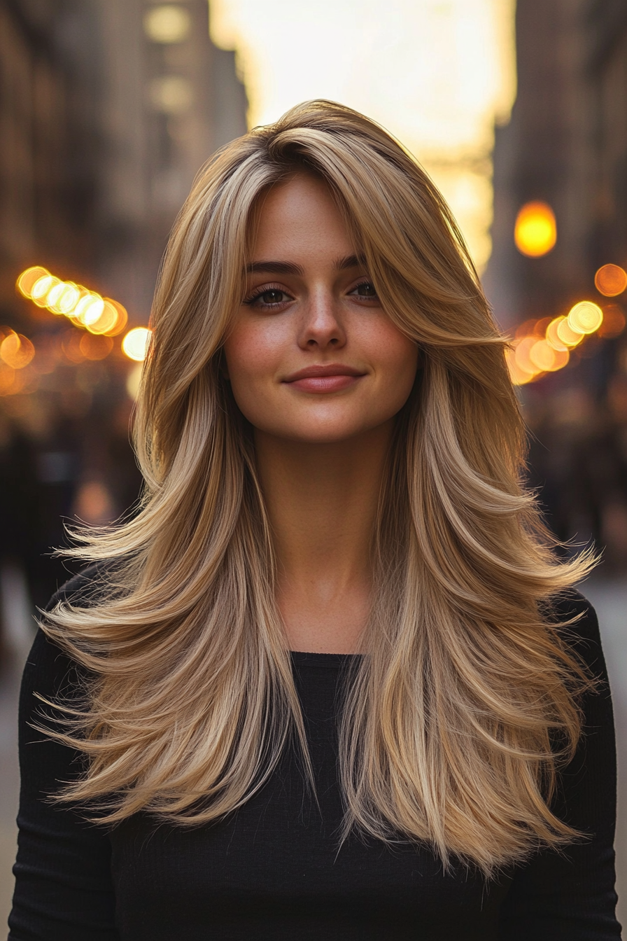 36 years old woman with a Layered Hair with Blowout, make a photosession in a street.