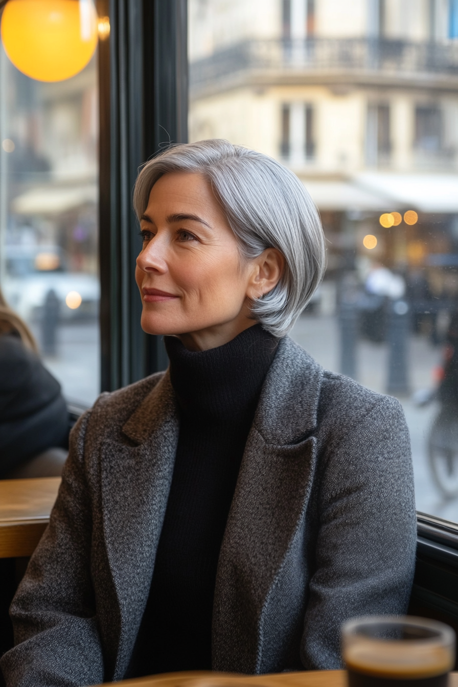 44 years old woman with a Asymmetrical Bob, make a photosession in a cafe.