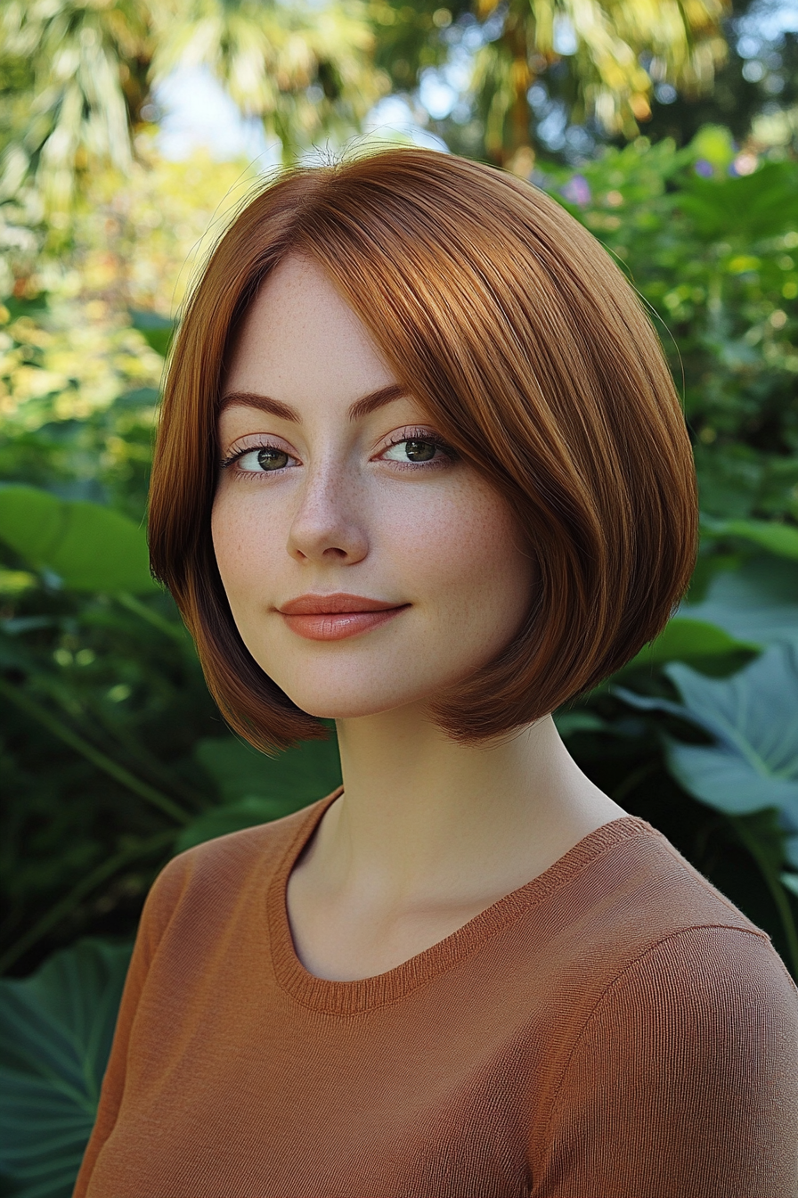 27 years old woman with a Blunt Cut Bob in Soft Auburn, make a photosession in a peaceful park with lush greenery and