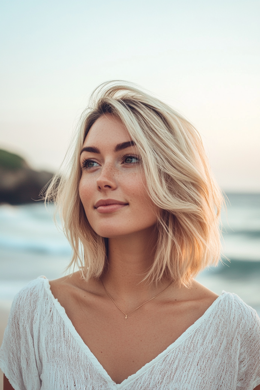 29 years old woman with a Bob and Soft Waves, make a photosession on a coastal pathway with gentle waves lapping the shore and a soft breeze in the air.