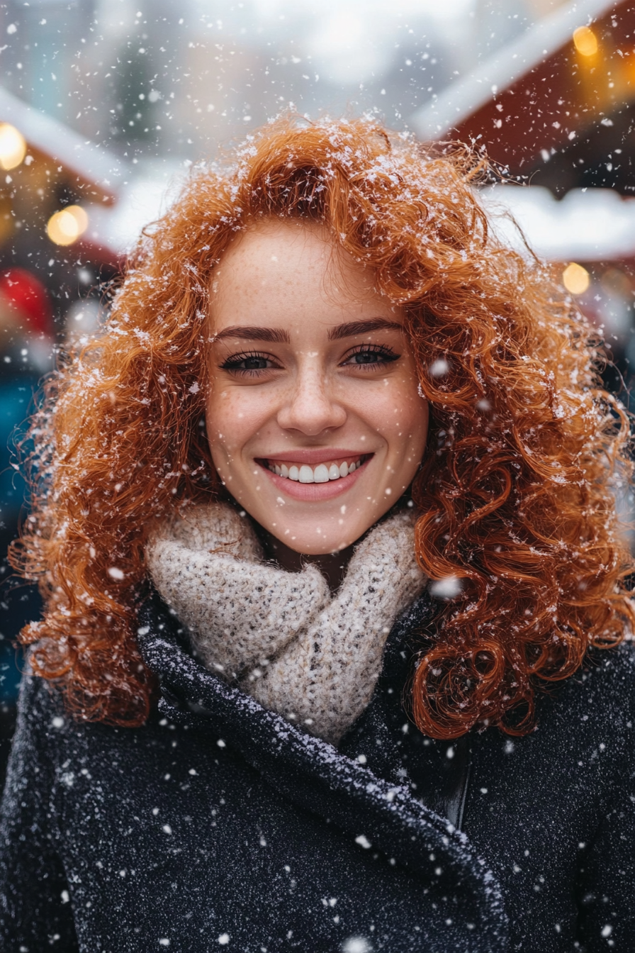 36 years old woman with a Voluminous Curls, make a photosession in a winter street.