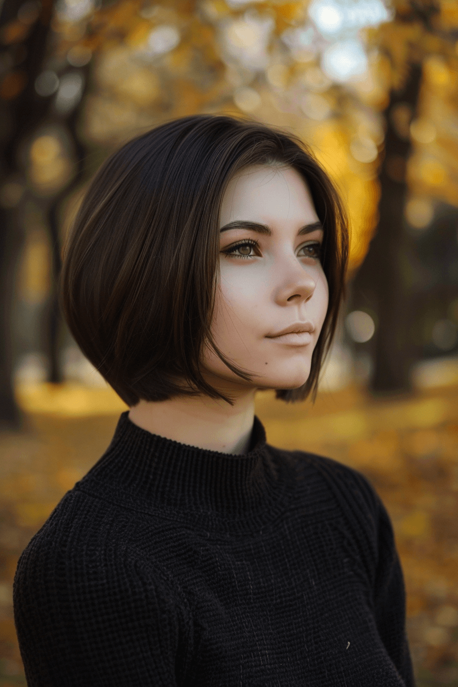 23 years old woman with a Sleek Bob, make a photosession in a fall park.