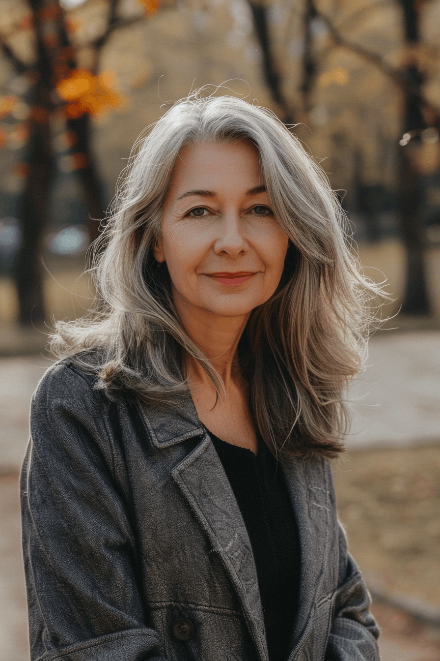 woman over 50 with a Side Part hairstyle of long hair, make a photosession in a park.