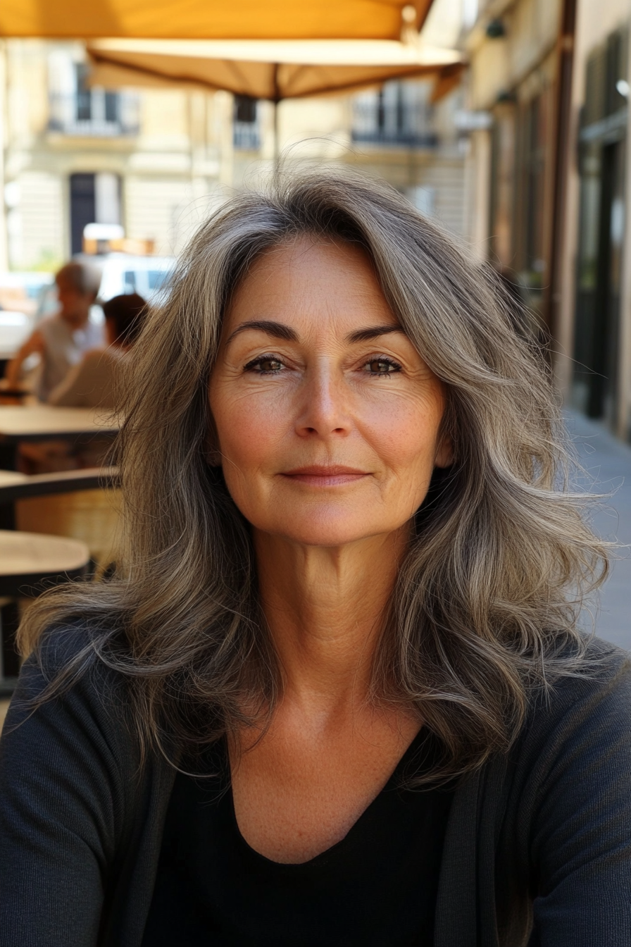 49 year old woman with Wavy Shoulder Length Hairstyle, make a photosession in a cafe.