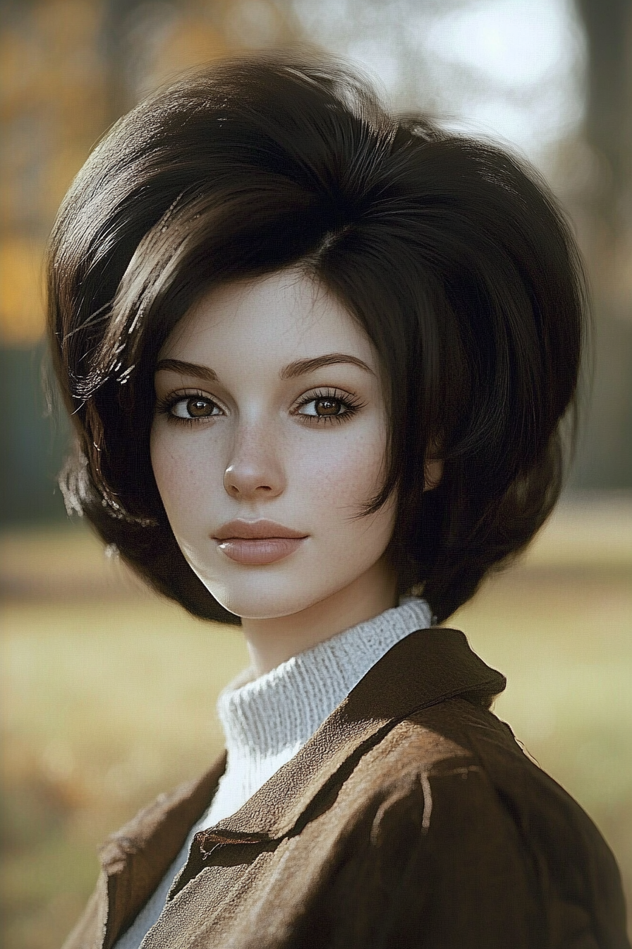 33 years old woman with a Bouffant, make a photosession in a park.