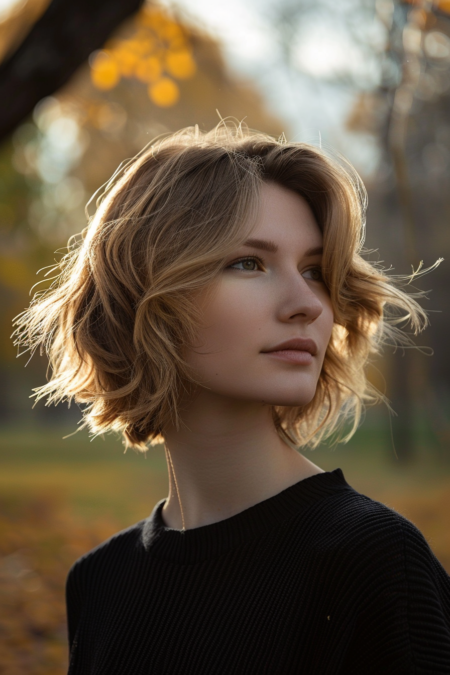 26 years old woman with a Chin-Length Tousled Bob , make a photosession in a park