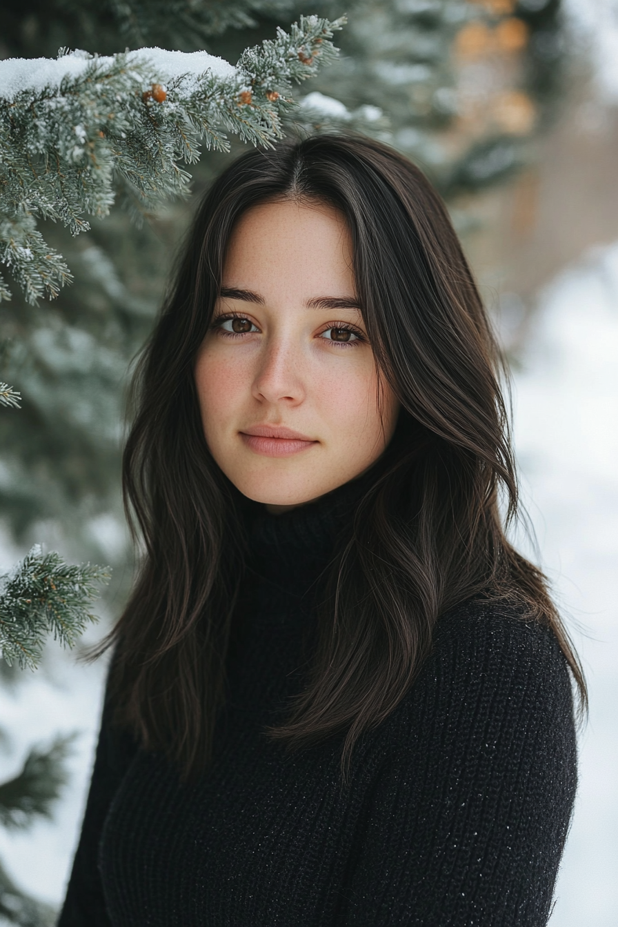 29 years old woman with a Sleek Center-Parted Hair, make a photosession in the winter forest.