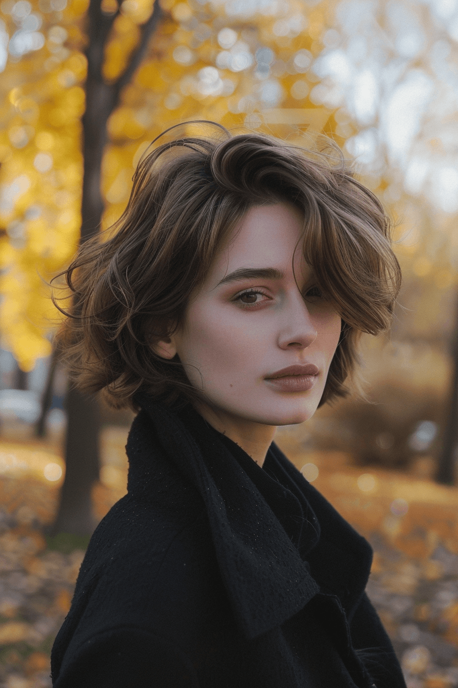 25 years old woman with a Messy Bob, make a photosession in a fall park.