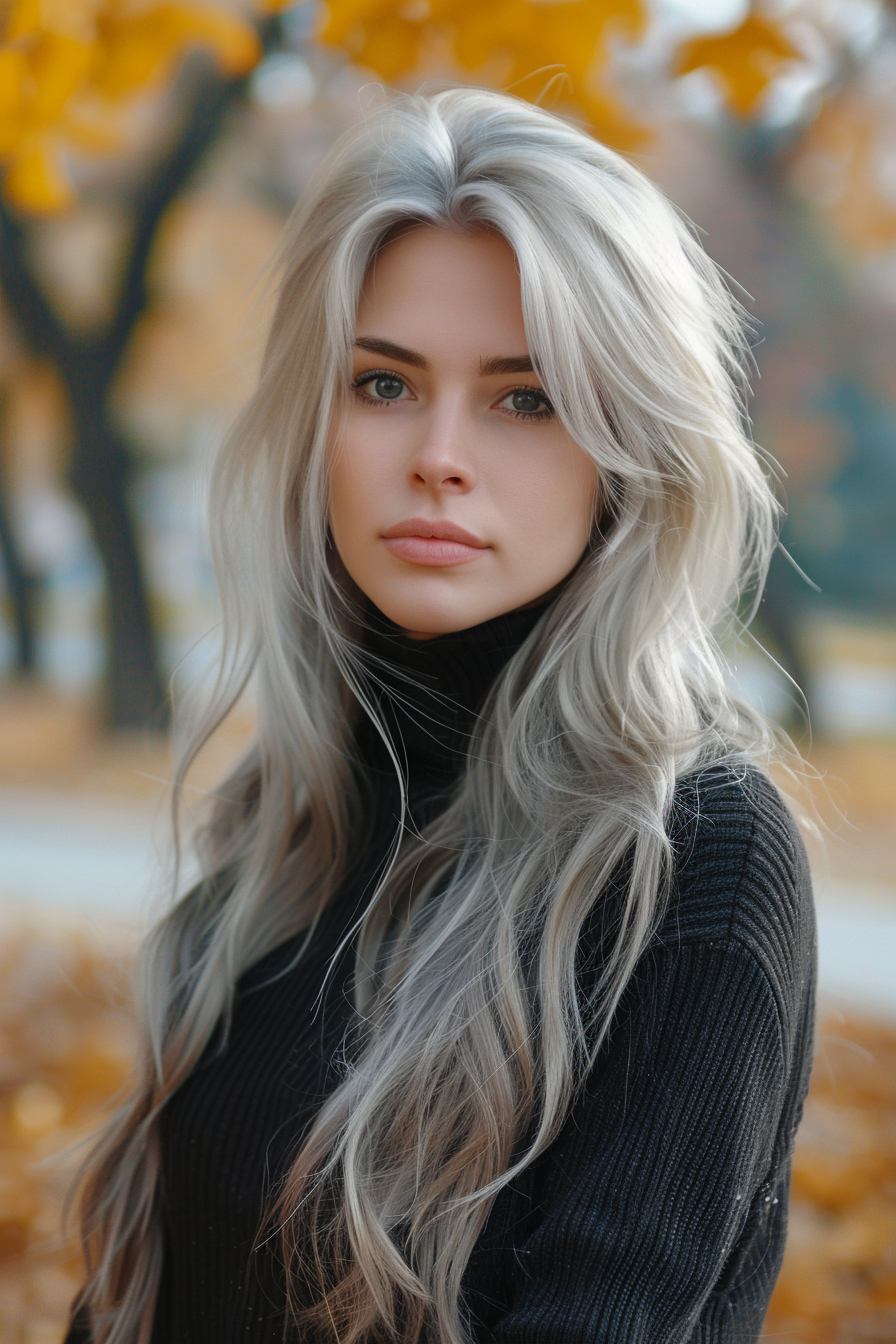 25 years old woman with a Silver Extensions, make a photosession in a fall park.