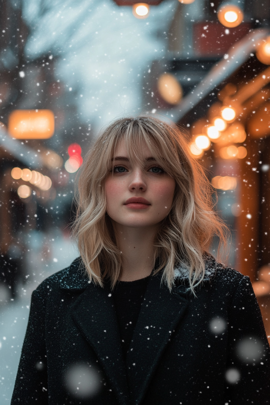 26 years old woman with a Side-Swept Bangs with Waves, make a photosession in a street