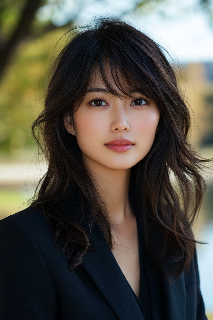 30 years old woman with Curtain Bangs and Long Layers, make a photosession in a quiet park with soft lighting from a nearby pond.