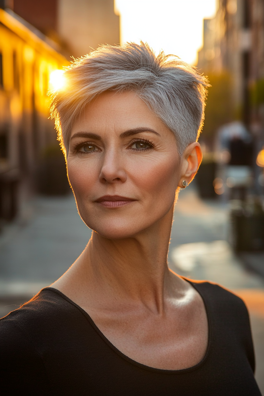 47 years old woman with a Tapered Bixie, make a photosession in a street.