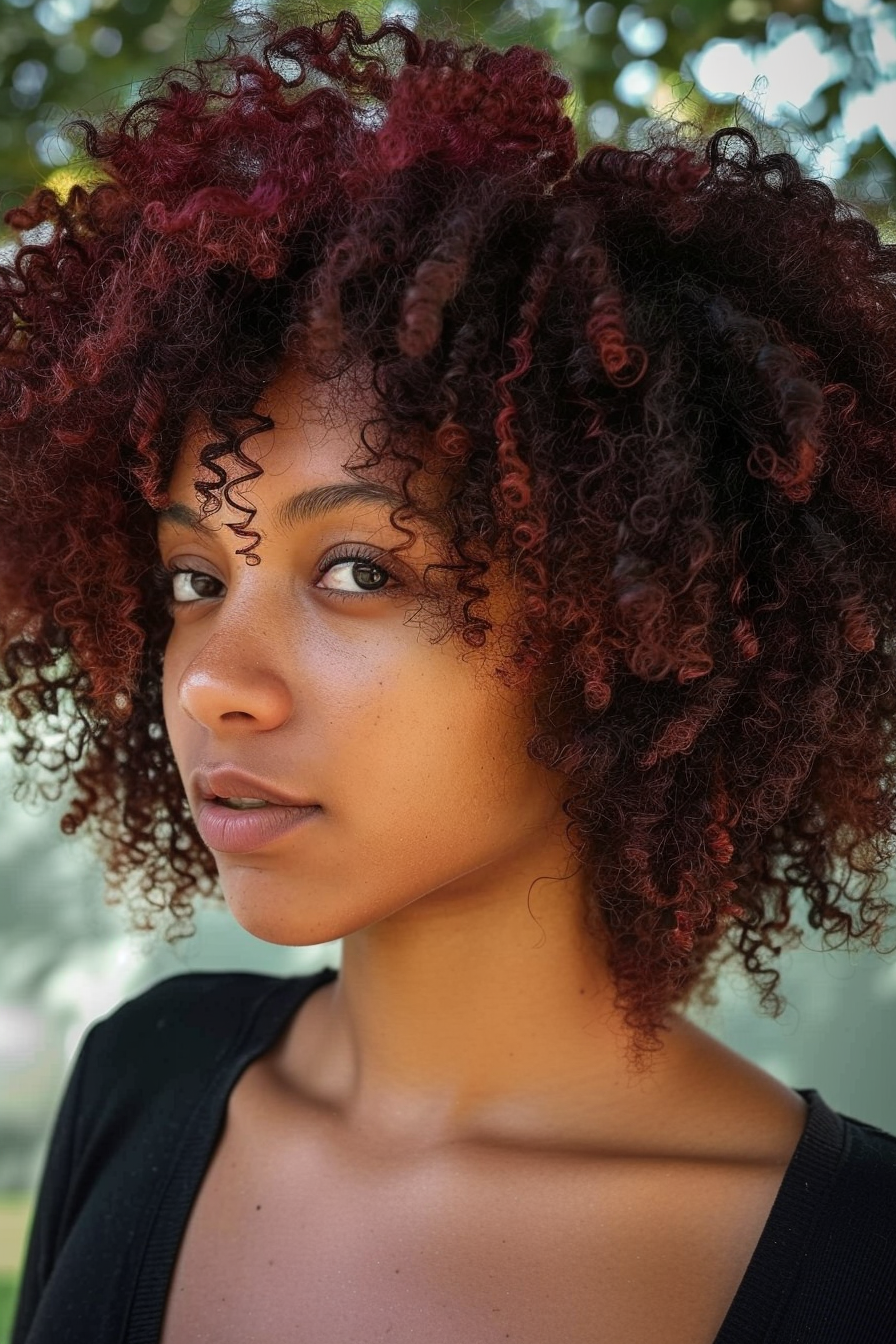 35 years old black woman, with Brown Red Curly Tapered Cut, make a photosession in a
park.