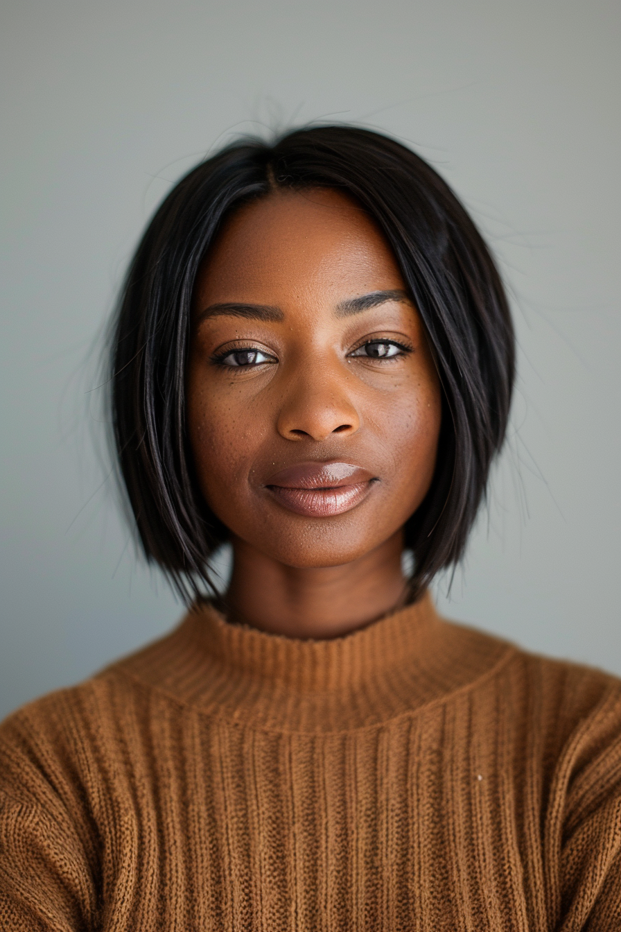 35 years old black woman, with chin length bob hairstyles, make a photosession in a street.