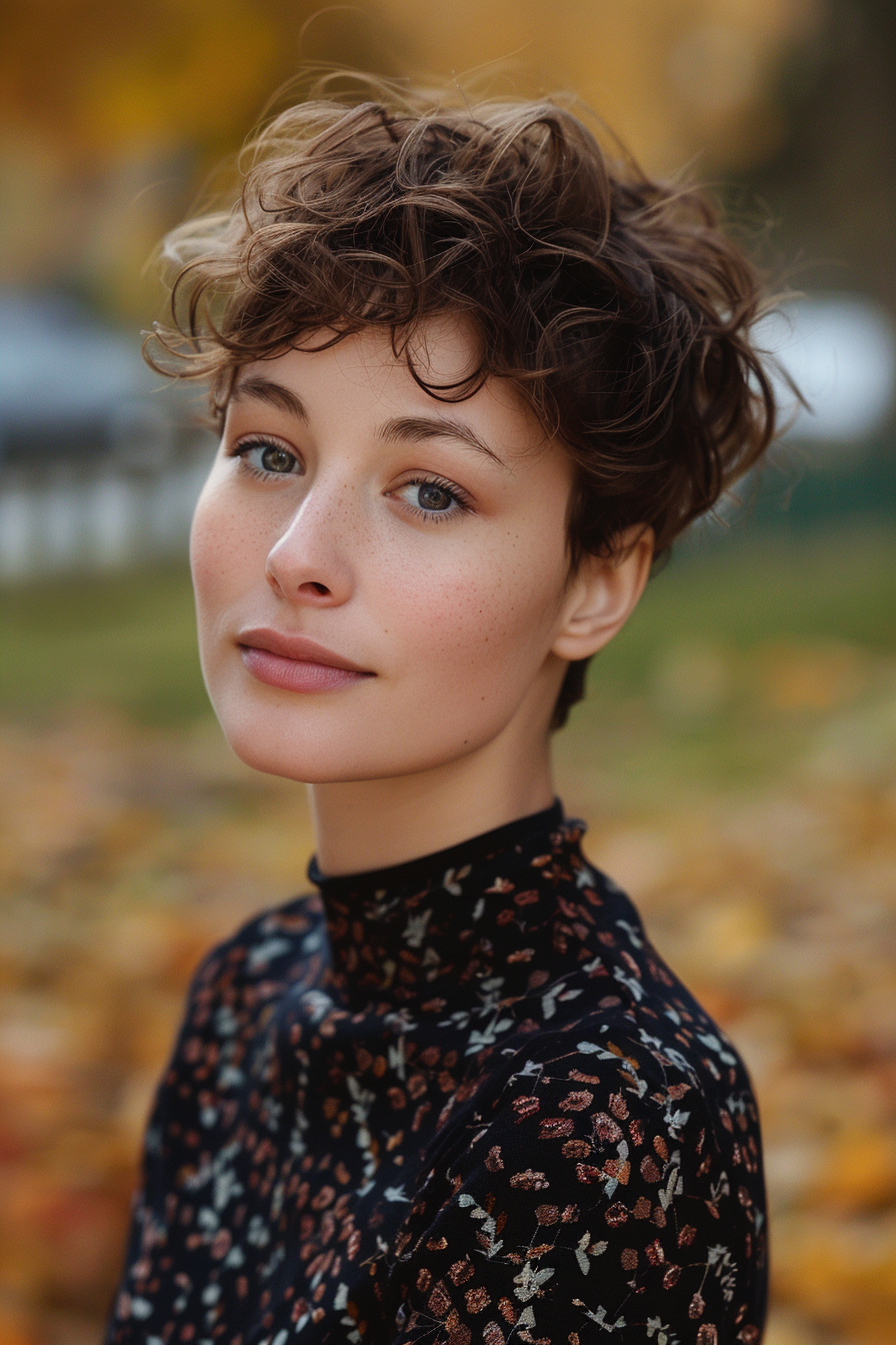 35years old woman with a Curly Pixie Cut, make a photosession in a park .