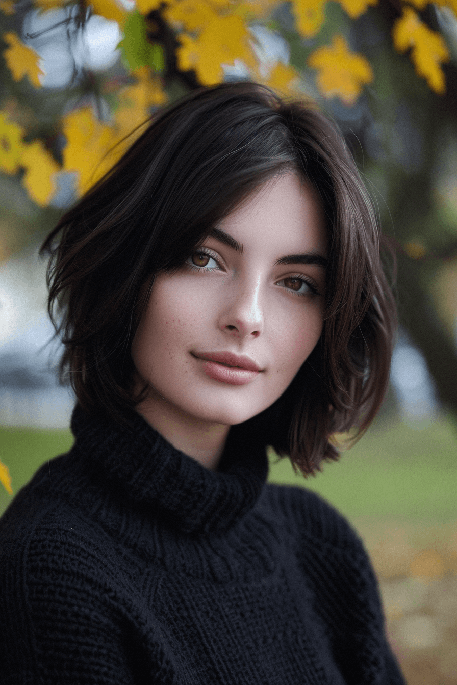 35years old woman with a Textured French Bob, make a photosession in a park.