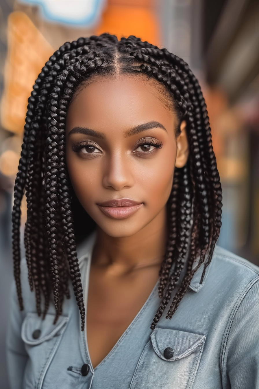 35 years old black woman, with Braided Hairstyle, make a photosession in a street.