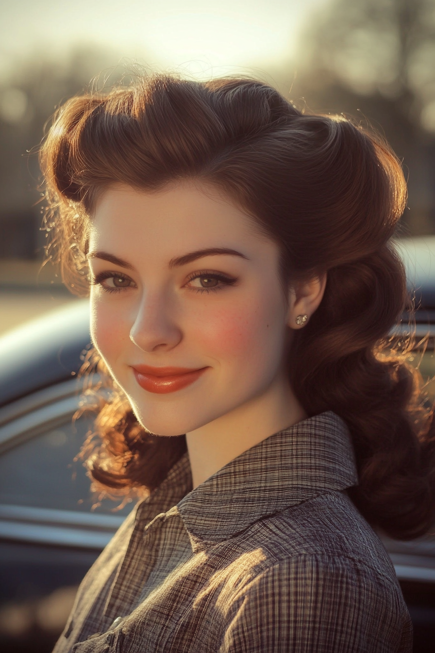 28 years old woman with a Victory Rolls, make a photosession in a near the car.