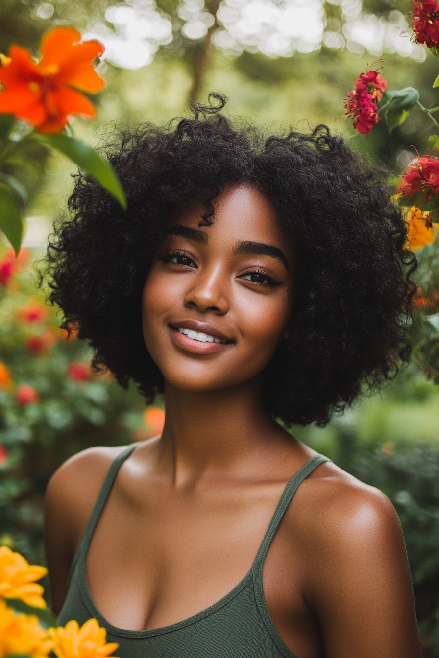 30 years old black woman with a Short Curly Bob, make a photosession in a garden.