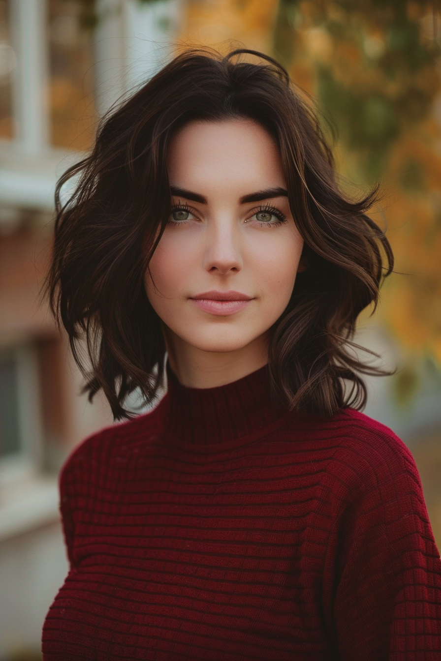 28 years old woman with a Gentle Waves with Highlights, make a photosession in a street