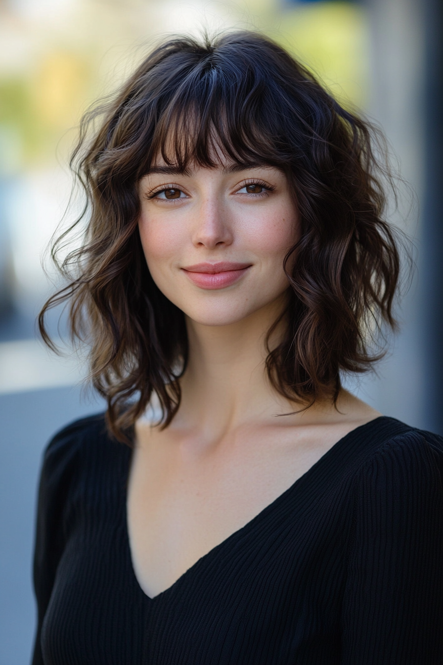 26 years old woman with a Curly Bob with Bangs, make a photosession in a street.