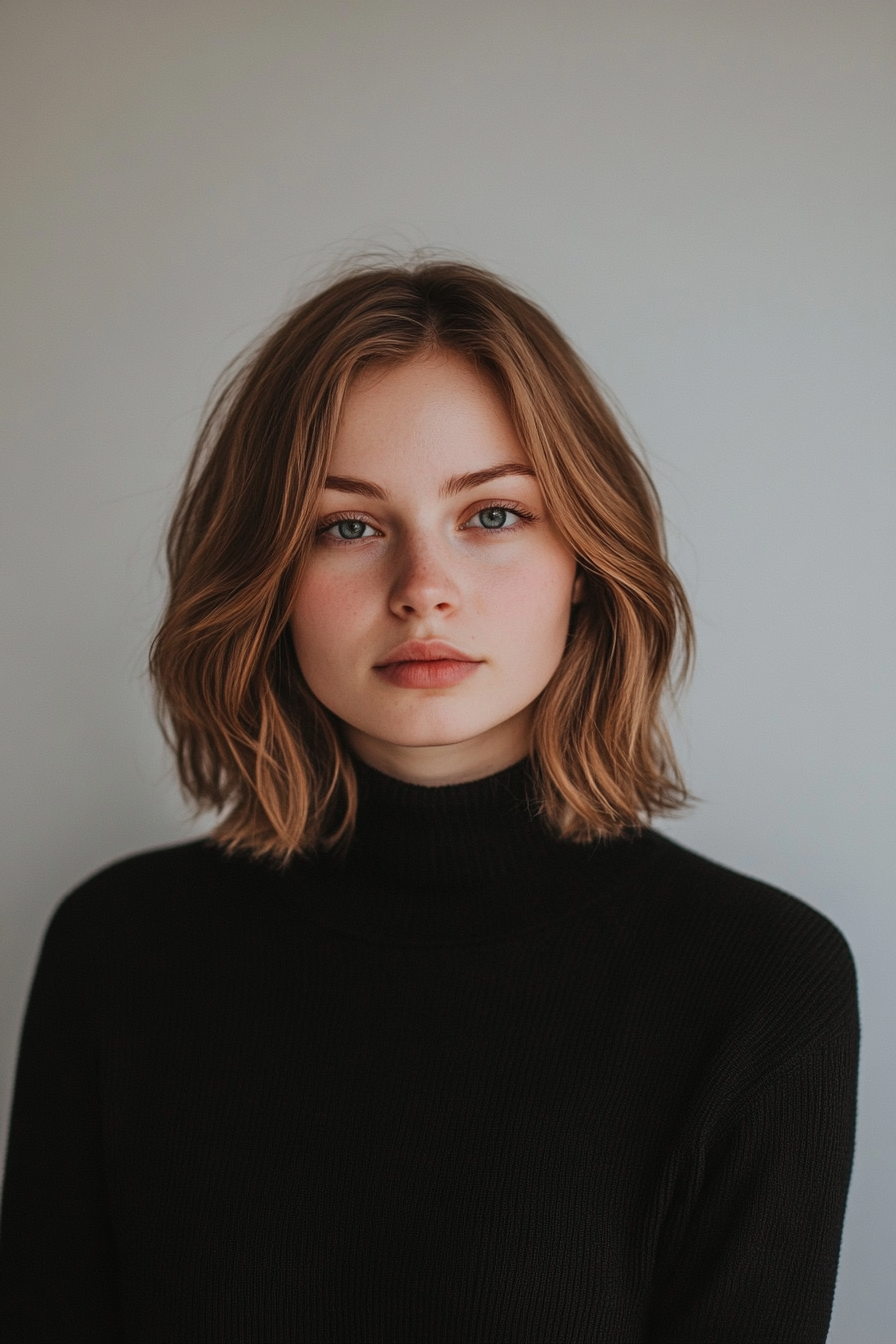 26 years old woman with a Voluminous Natural Bob for Round Faces, make a photosession in a studio.